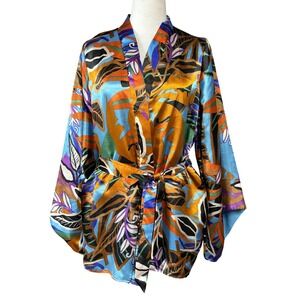 TRUTH NYC Womens Kimono Robe M Multicolor Tropical Satin Belted Lounge